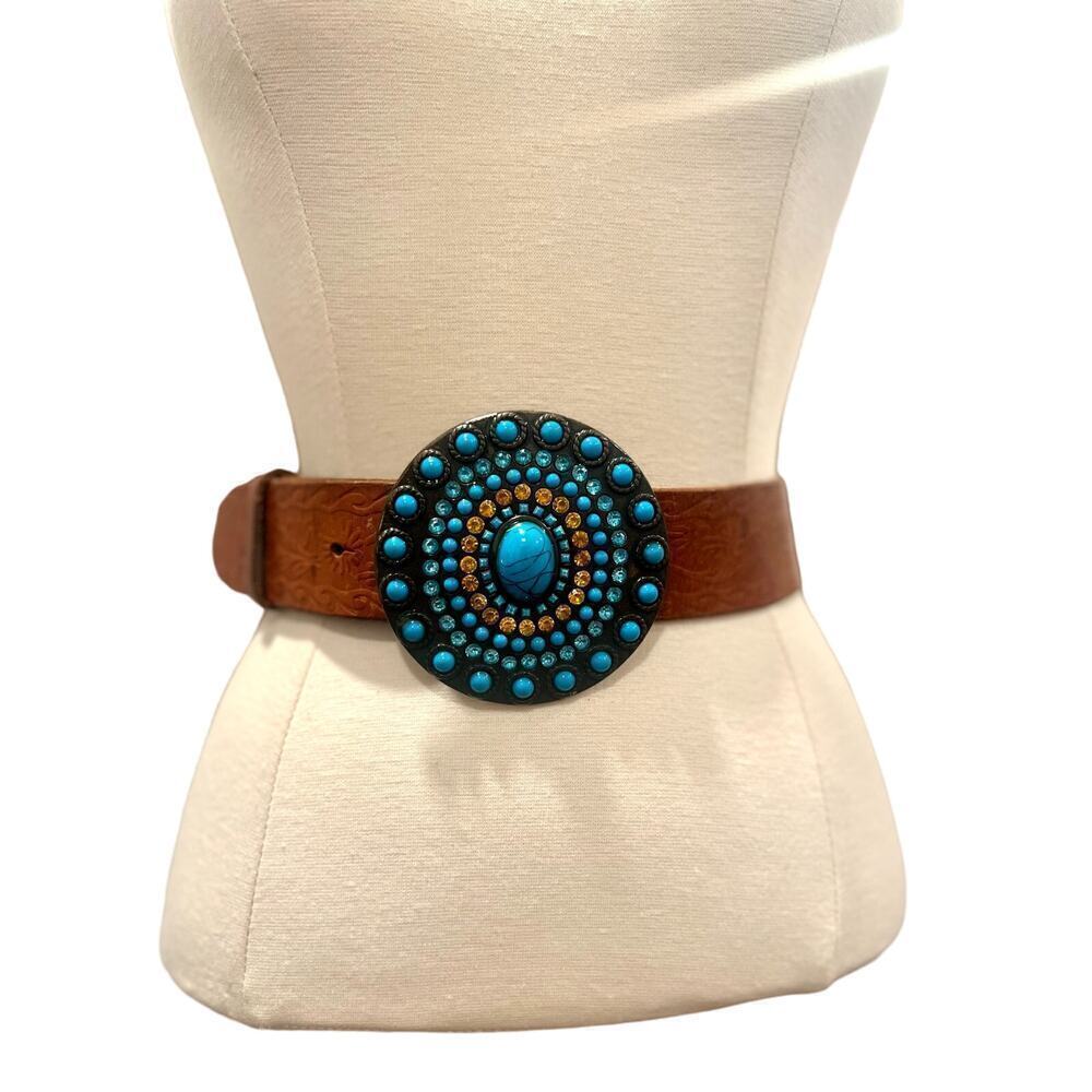 Vintage Olga Santini Tooled leather belt with Rhinestone metal Buckle
